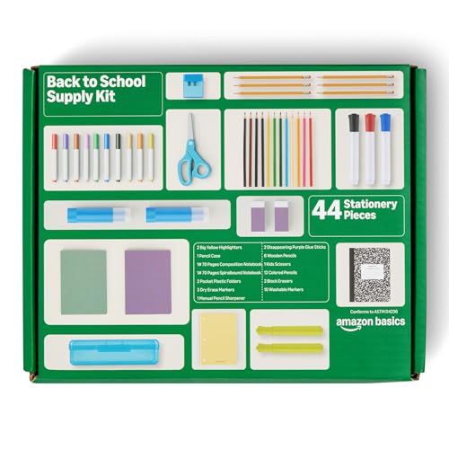 Amazon Basics 44-Piece Student Success Kit - Complete School Supply Box with Study Essentials, Organization Tools & Classroom Basics, Multicolor
