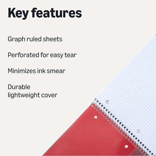 Amazon Basics 4x4 Graph Ruled Spiral Notebook, Poly Cover, 100 Sheets, 9" x 11", Coral, 3 pack view 2