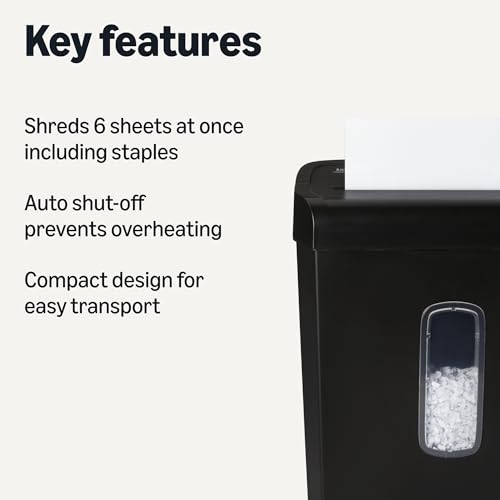 Amazon Basics 6-Sheet High Security Cross-Cut Paper and Credit Card Shredder, 3.7 Gallon, Shreds Staples, Auto Shut-Off, Compact Design for Home, Black view 2