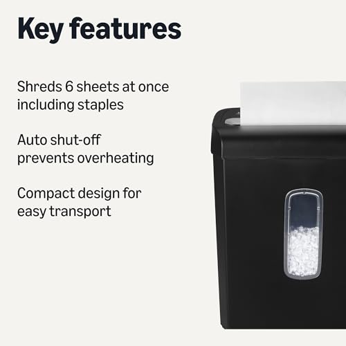 Amazon Basics 6-Sheet High Security Micro Cut Paper and Credit Card Shredder, 3.7 Gallon, Handles Staples, Compact Design for Home, Black view 2