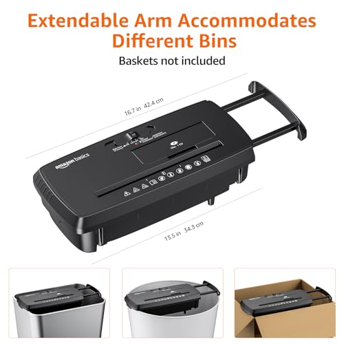 Amazon Basics 8-Sheet Strip Cut Paper, CD, and Credit Card Shredder with Auto-Off Compact, Portable Design, No Basket, Extendable Arm, Black