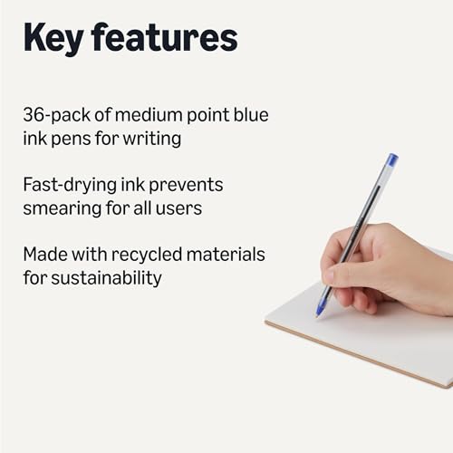 Amazon Basics Ballpoint Pens, Medium Point 1.0mm, Blue Ink, 36-Pack view 2