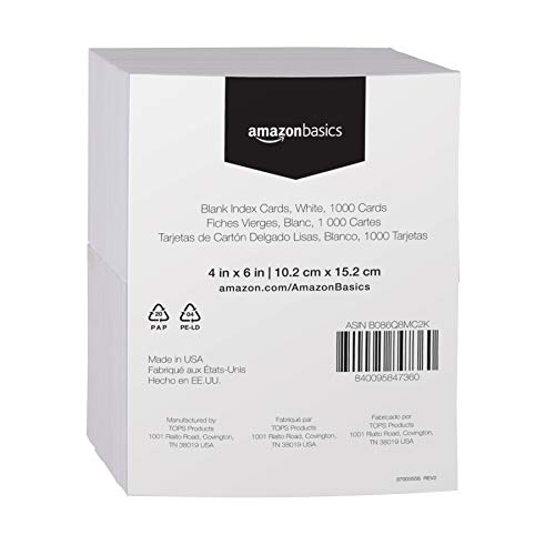 Amazon Basics Blank Index Cards, White, 4" x 6", 1000 Count (Pack of 2)