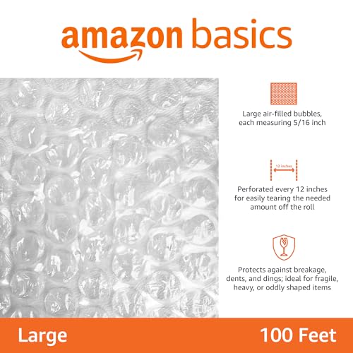 Amazon Basics Bubble Cushioning Wrap Packing Material for Fragile Items, 12-Inch x 100-Foot Long Roll, Large, Clear