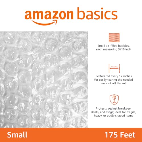 Amazon Basics Bubble Cushioning Wrap Packing Material for Fragile Items, Perforated, 12 inch x 175 ft Long Roll, Small 3/16", Clear