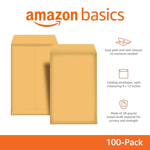 Amazon Basics Catalog Mailing Envelopes, Peel and Seal, 9x12 Inch, Brown Kraft, 100-Pack