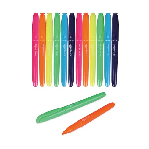 Amazon Basics Chisel Tip Highlighters, Fluorescent Ink, Vibrant Assorted Colors, School Supplies, 12-Pack