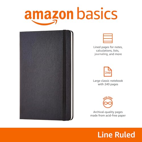 Amazon Basics Classic Lined Notebook, 240 Pages Hardcover, 5 x 8.25-Inch, Black