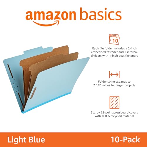 Amazon Basics Classification Folder with Prongs, 100% Recycled, 2 Dividers, 2" Embedded, 12.17 x 10.39 inch (Letter) Size, Light Blue, 10 Count per Box