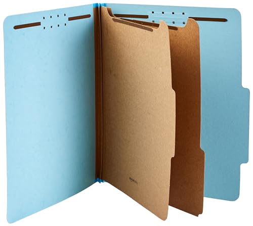 Amazon Basics Classification Folder with Prongs, 100% Recycled, 2 Dividers, 2" Embedded, 12.17 x 10.39 inch (Letter) Size, Light Blue, 10 Count per Box