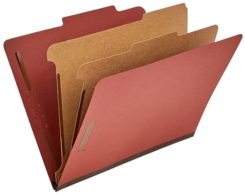 Amazon Basics Classification Folder with Prongs, Pressboard, 2 Dividers, 2-Inch Expansion, 12.17 x 10.67 inch (Letter) Size, Red, Pack of 10