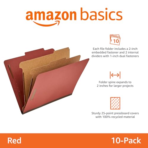 Amazon Basics Classification Folder with Prongs, Pressboard, 2 Dividers, 2-Inch Expansion, 12.17 x 10.67 inch (Letter) Size, Red, Pack of 10