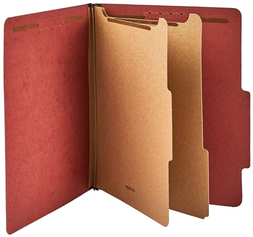 Amazon Basics Classification Folder with Prongs, Pressboard, 2 Dividers, 2-Inch Expansion, 12.17 x 10.67 inch (Letter) Size, Red, Pack of 10