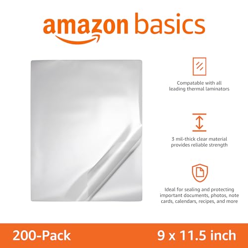 Amazon Basics Clear Thermal Laminating Sheets for Documents and Photos, 9 x 11.5-Inch, 2.8 mil, 200-Pack view 2