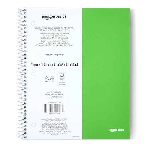 Amazon Basics College-Ruled Spiral Notebook, Poly Cover, For Work and School, 100 Sheets, 9" x 11", Green, 1-Pack
