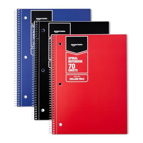 Amazon Basics College Ruled Spiral Notebooks, 70 Sheets, 8" x 10.5", Perforated Pages, Assorted Primary Solid Colors, 3-Pack