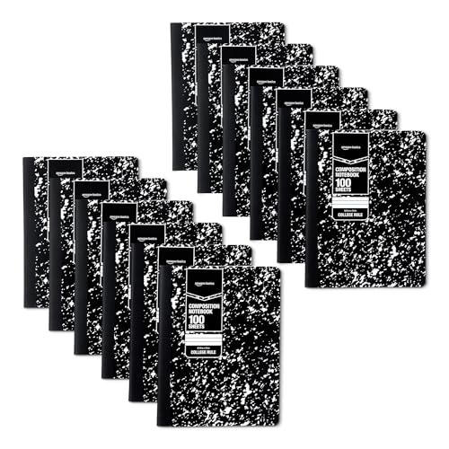 Amazon Basics Composition Notebook, College Ruled, 100 Sheets, 9.75" x 7.5", Marble Black, 12-Pack
