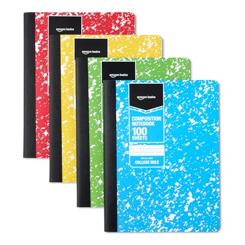 Amazon Basics Composition Notebook, College Ruled, 100 Sheets, 9.75" x 7.5", Assorted Marble Colors, 4-Pack