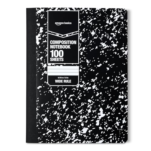 Amazon Basics Composition Notebook, Wide Ruled, 100 Sheets, 1 pack, Marble Black, 9.75" x 7.5" for School, Home, and Office Use