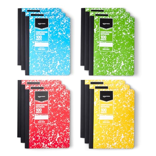 Amazon Basics Composition Notebook, Wide Ruled, 100 Sheets, 9.75" x 7.5", Assorted Marble Colors, 12-Pack