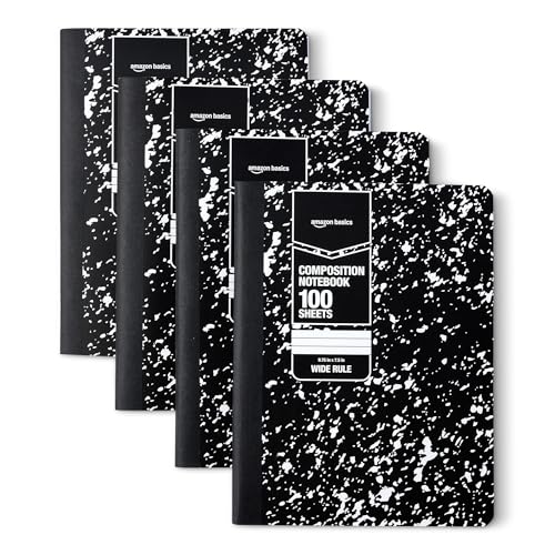 Amazon Basics Composition Notebook, Wide Ruled, 100 Sheets, 9.75" x 7.5", Marble Black, Sturdy Cover with Conversion Charts, for School, Home, and Office Use, 4-Pack