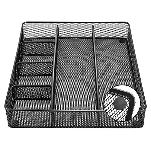 Amazon Basics Desk Drawer Organizer for Office and Home, Metal Mesh, Anti-Slip, 6 Compartments, Black