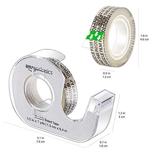 Amazon Basics Double Sided Refillable Permanent Tape with Dispenser, Narrow Width, 1/2 x 252 inches, 3-Pack, Translucence