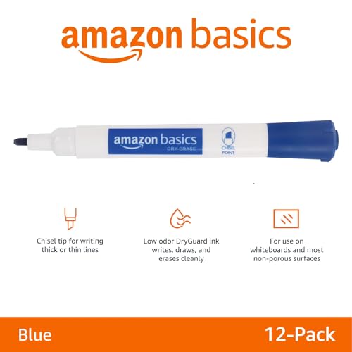 Amazon Basics Dry Erase Markers For Whiteboards, Chisel Tip, Low-Odor, Blue, Pack of 12