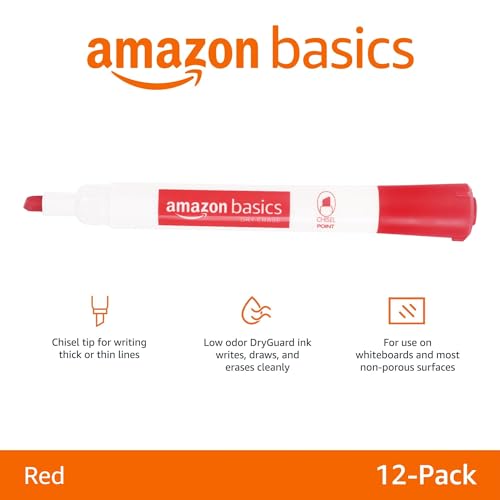 Amazon Basics Dry Erase Markers For Whiteboards, Chisel Tip, Low-Odor, Red, Pack of 12