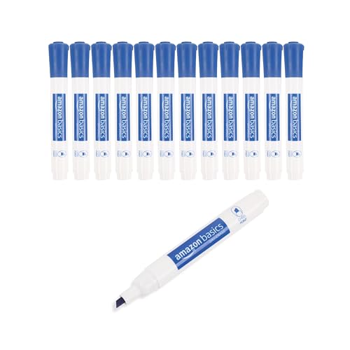 Amazon Basics Dry Erase Whiteboard Markers, Chisel Tip, Low-Odor, Blue, 12-Pack, For Drawing, Sketching and Writing