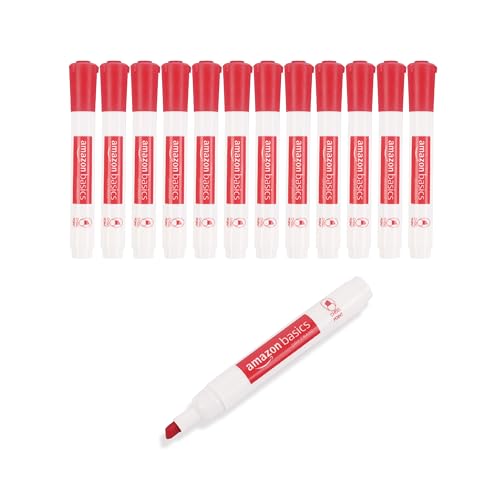 Amazon Basics Dry Erase Whiteboard Markers, Chisel Tip, Low-Odor, Red, 12-Pack, For Writing on Whiteboards