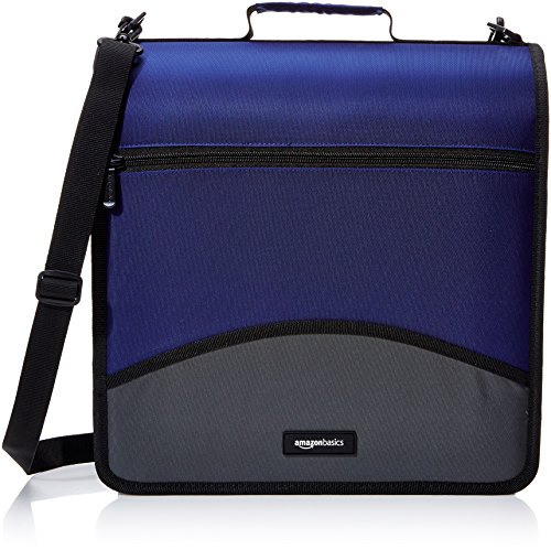 Amazon Basics Durable 3 Ring Zipper Binder with Multiple Pockets and Shoulder Strap, O-Ring Closure, Large Capacity, 4 inches, Blue