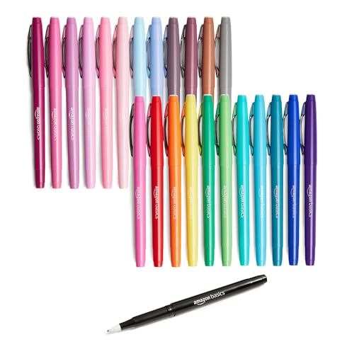 Amazon Basics Felt Tip Marker Pens, Assorted Colors, No-Fray Felt Tip, Smear-Proof, for Writing, Drawing, Journaling and Note Taking, 24-Pack