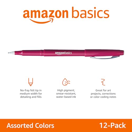 Amazon Basics Felt Tip Marker Pens, Versatile for Writing, Drawing, and Journaling, Assorted Colors, 12-Pack
