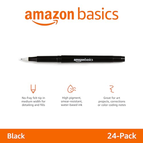 Amazon Basics Felt Tip Marker Pens, Versatile for Writing, Drawing, and Journaling, Black, 24-Pack
