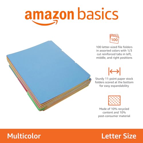 Amazon Basics File Folders with Tabs for Filing, AMZ401, Sturdy, Letter Size, Assorted Colors (100 Pack)
