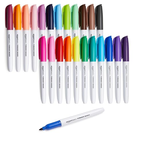 Amazon Basics Fine Tip Permanent Markers for Office, School, and Home Use, Assorted Colors, 24 Pack