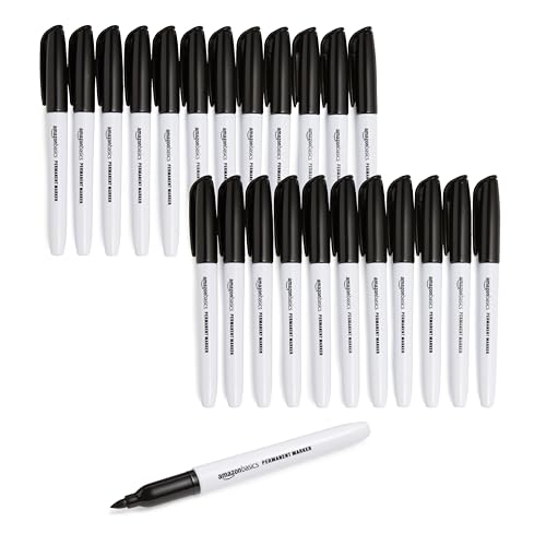 Amazon Basics Fine Tip Permanent Markers for Writing, Drawing, Quick Drying, Office, School, and Home Use, Black, 24 Pack