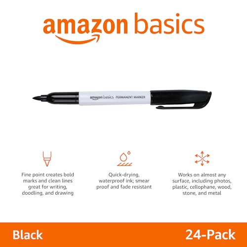 Amazon Basics Fine Tip Permanent Markers for Writing, Drawing, Quick Drying, Office, School, and Home Use, Black, 24 Pack view 2