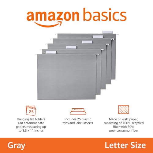 Amazon Basics Hanging File Folders, Letter Size, Gray, 25-Pack