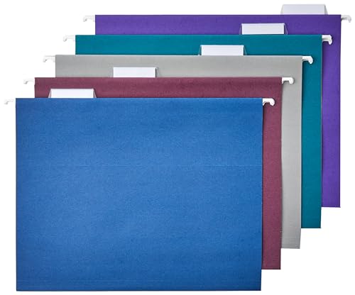 Amazon Basics Hanging File Folders, Sturdy, Letter Size, 25-Pack, Assorted Jewel-tone Colors