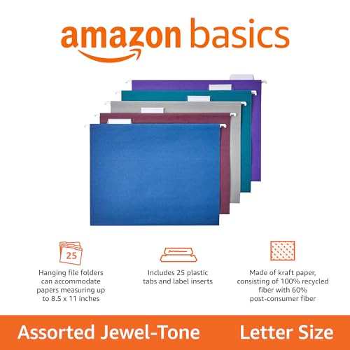 Amazon Basics Hanging File Folders, Sturdy, Letter Size, 25-Pack, Assorted Jewel-tone Colors
