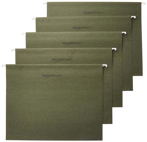 Amazon Basics Hanging File Folders with Adjustable Tabs, Sturdy Expandable Document Organizer, Letter Size 8.5x11 inch, Green, 25-Pack