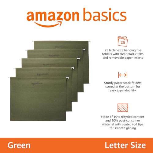 Amazon Basics Hanging File Folders with Adjustable Tabs, Sturdy Expandable Document Organizer, Letter Size 8.5x11 inch, Green, 25-Pack view 2