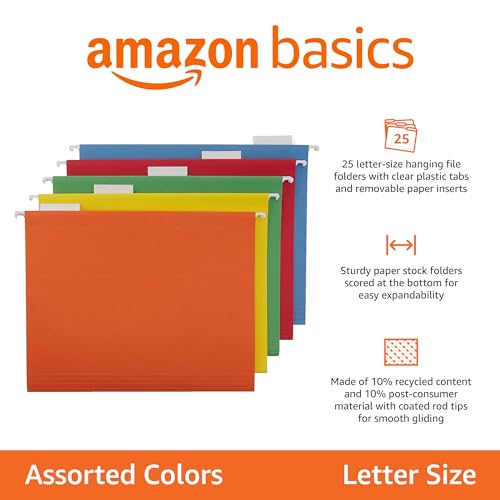 Amazon Basics Hanging Organizer File Folders for Efficient Filing, Assorted Colors, Letter Size (Pack of 25)