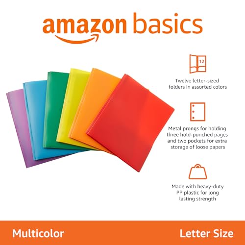 Amazon Basics Heavy Duty Colorful Plastic Folders with 2 Pockets for Letter Size Paper, Pack of 12, Assorted Colors