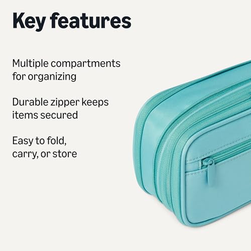 Amazon Basics Large Capacity Pencil Case with Durable Zipper, Multi-Compartment, Cyan Mild view 2