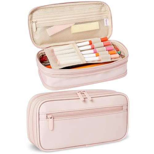Amazon Basics Large Capacity Pencil Case with Durable Zipper, Multi-Compartment, Storage Space, Easy to Carry, Rose Mild