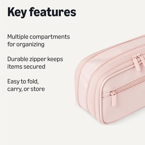 Amazon Basics Large Capacity Pencil Case with Durable Zipper, Multi-Compartment, Storage Space, Easy to Carry, Rose Mild view 2