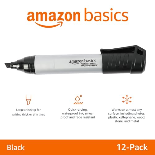 Amazon Basics Large Chisel Tip Permanent Markers, Black, 12-Pack